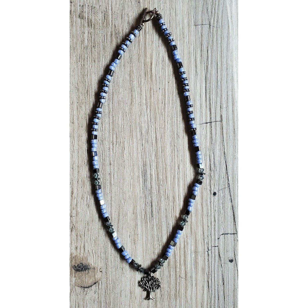 Black And Blue Beaded Tree‎ of Life Silver Toned Pendant Necklace Unbranded